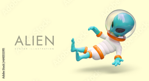 Blue alien floats in weightlessness. Colored humanoid falls. Secrets of other civilizations. Alien in space suit. Horizontal color poster with place for text