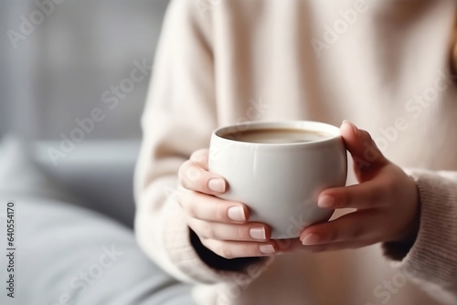 Closeup of female hand with natural manicure holding cozy ceramic white mug of tea or coffee.. Relax and comfort at home, cafe. Empty space for text on blurry background, backplate