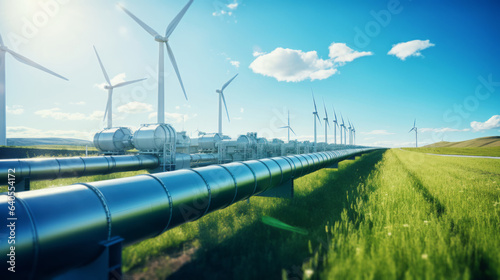 Clean energy concept. Wind turbines and gas pipe
