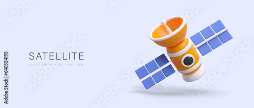 Realistic satellite in cartoon style. Device for collecting and remote data transmission. Orbital equipment. Monitoring service. Color horizontal poster with text