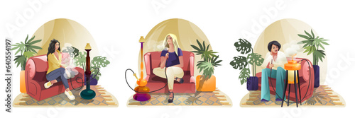 Set of females sitting on coach and smoking. Hookah lounge club. Traditional oriental leisure and tobacco smoking in pub. Flat vector illustration in cartoon style in green and red colors