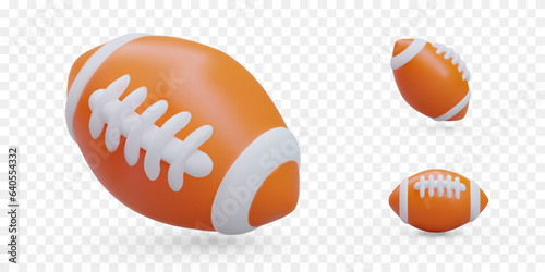 Set of 3D rugby balls. Leather accessory for American football. Isolated illustrations. Icons for sports site, application, game. Team sports competitions