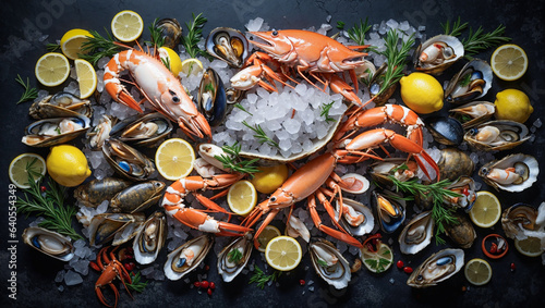 Assortment of various raw seafood on a dark background