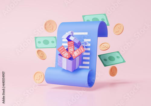3D paper bill, coins and banknotes cash with gift box discount coupon floating on pink pastel background. money payments cost reduction saving concept. minimal cartoon style, 3d render illustration