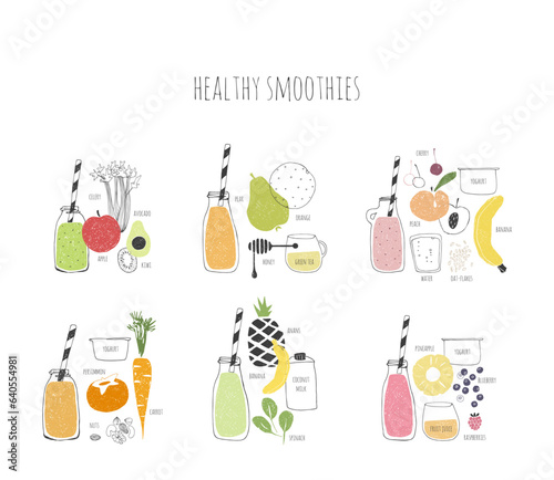 Set of hand drawn healthy smoothie recipes. Doodle vegetables, fruits and berries.
