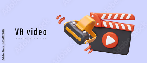 VR video. Virtual reality glasses, cinematic clapperboard. Metaverse, cyberspace. Vector poster with place for text. Commercial template for equipment rental. Advertisement of interactive room, club