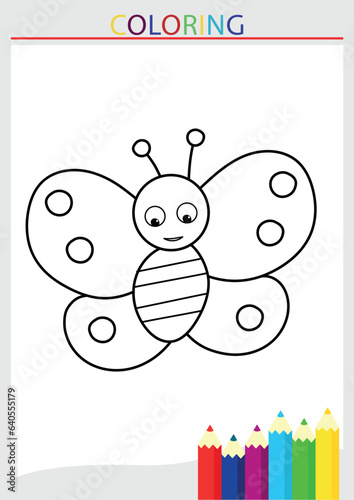 Children's coloring book by color butterfly blank line drawing in a frame with pencils vector illustration