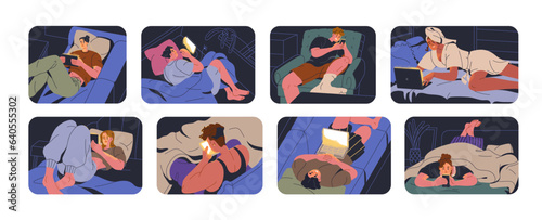 People using devices at night. Characters with mobile phones, computers at bed time at home. Men, women and smartphone, laptop, digital gadgets screen light late in evening. Flat vector illustrations