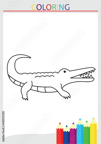 Children's coloring page crocodile blank line drawing in a frame with pencils vector illustration