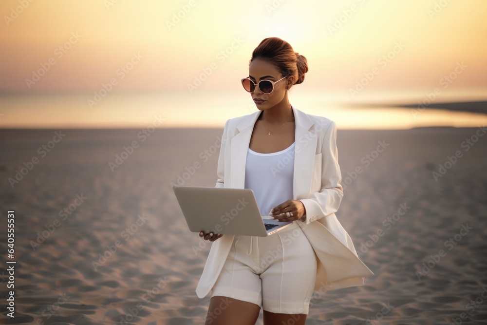 Beautiful African Woman Wear Elegant White Suit Sunglasses Using Laptop While Standing On A White Sand Beach At Sunset