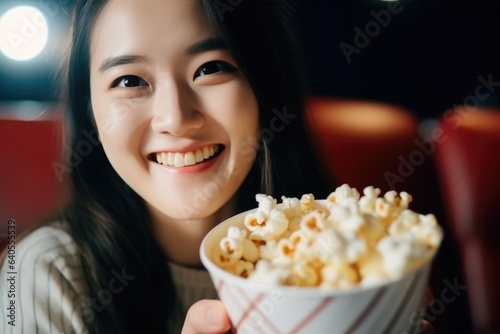 Surprise Asian Woman Eats Popcorn In In A Cafe In Paris photo