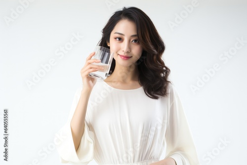 Fashion Portrait Asian Woman Wear White Festive Dress Drinking A Drink On White Background