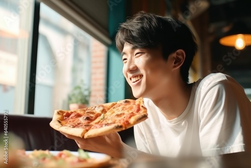 Asian Boy Eats Pizza In In A Cafe In New York