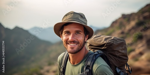 AI Generated. AI Generative. Handsome man in hat backpack trekking hiking portrait landscape adventure outdoor. Can be used for travel trip journey tour promotion. © Graphic Warrior