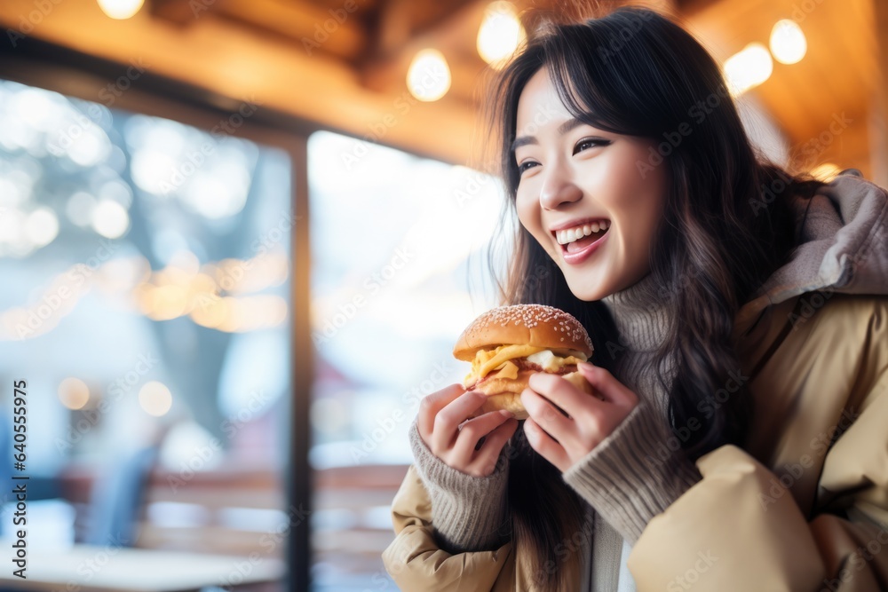 Happiness Asian Woman Eats Cheeseburger In In Winter Cafe