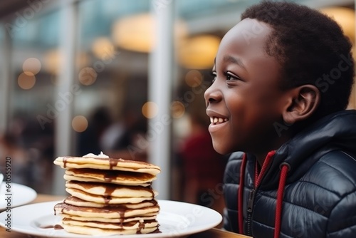 Happiness African Boy Eats Pancakes In In Modern Cafe photo