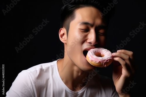Happiness Asian Man Eats Donuts photo