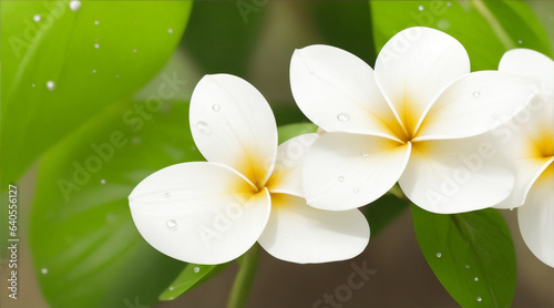 Frangipani water drops and closeup of flower in nature for spring background by Generative AI