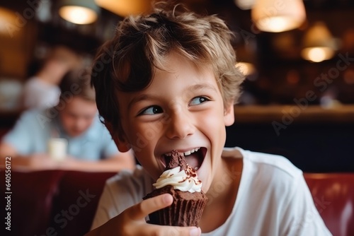 Tableau sur toile Surprise Boy Eats Cupcakes In In A Rustic Pub