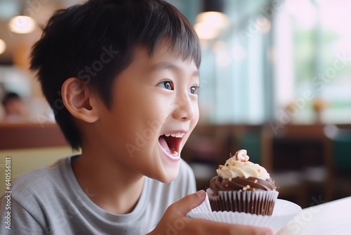 Surprise Boy Eats Cupcakes In Cafe In Thailand