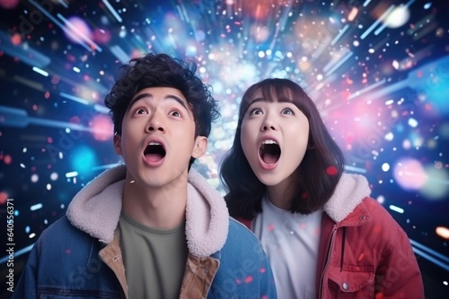 Surprise Asian Man And Woman Stand In A Holographic Puffer On Galaxy Stars Background