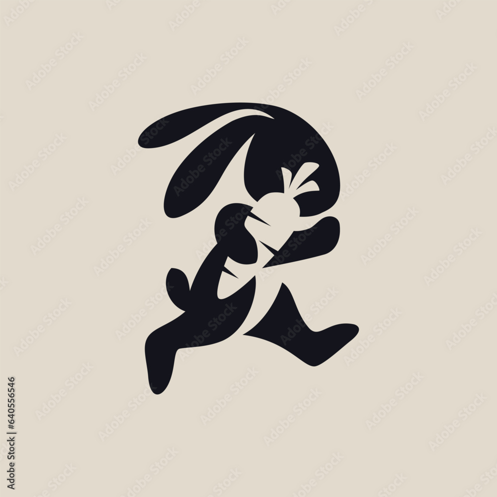Black Rabbit Cartoon Silhouette Bunny Hare Run with Hand Holding a Carrot to the Chest Negative Space Vector Logo Design Inspiration Black Rabbit Cartoon Silhouette Bunny Hare Run with Hand Holding a Carrot to the Chest Negative Space Vector Logo Design Inspiration