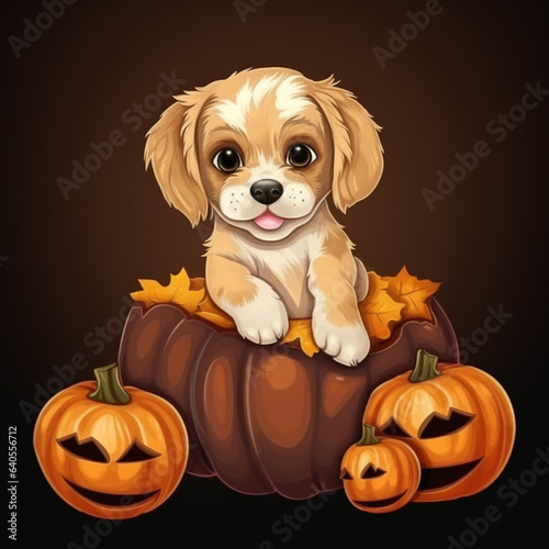 A cute illustration of a puppy sitting in a carved pumpkin ready for halloween, jack o lantern