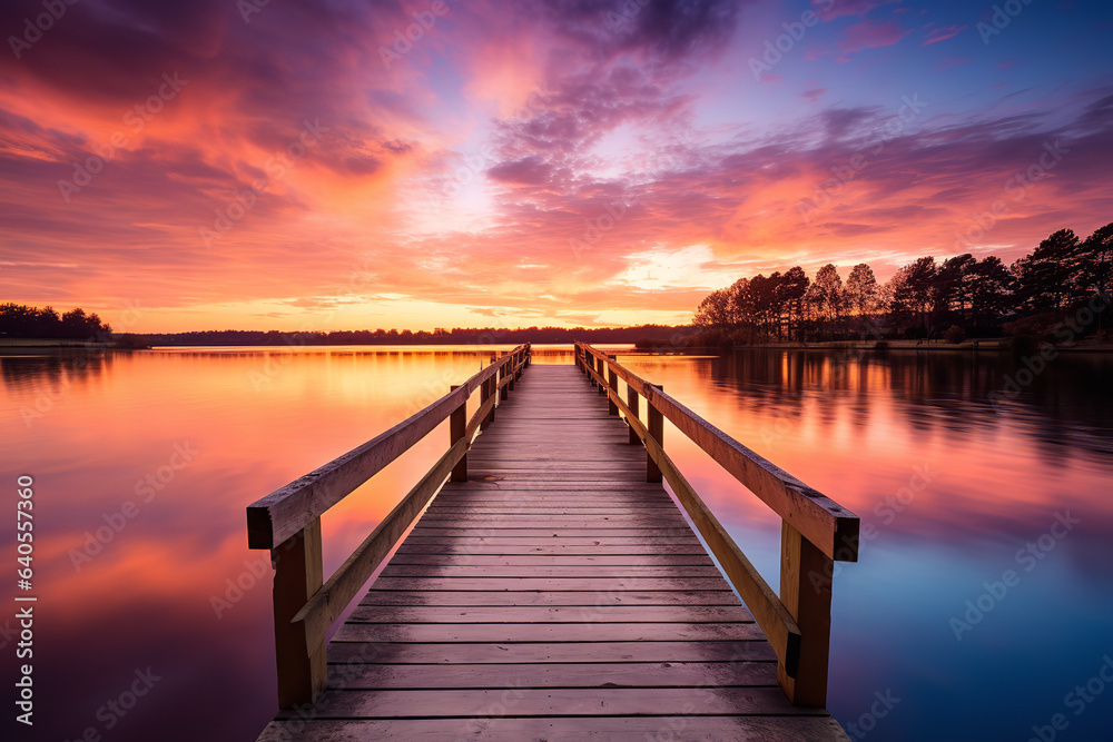 A tranquil scene captures a wooden jetty reaching out into calm waters, with the glow of sunset reflecting off the surface