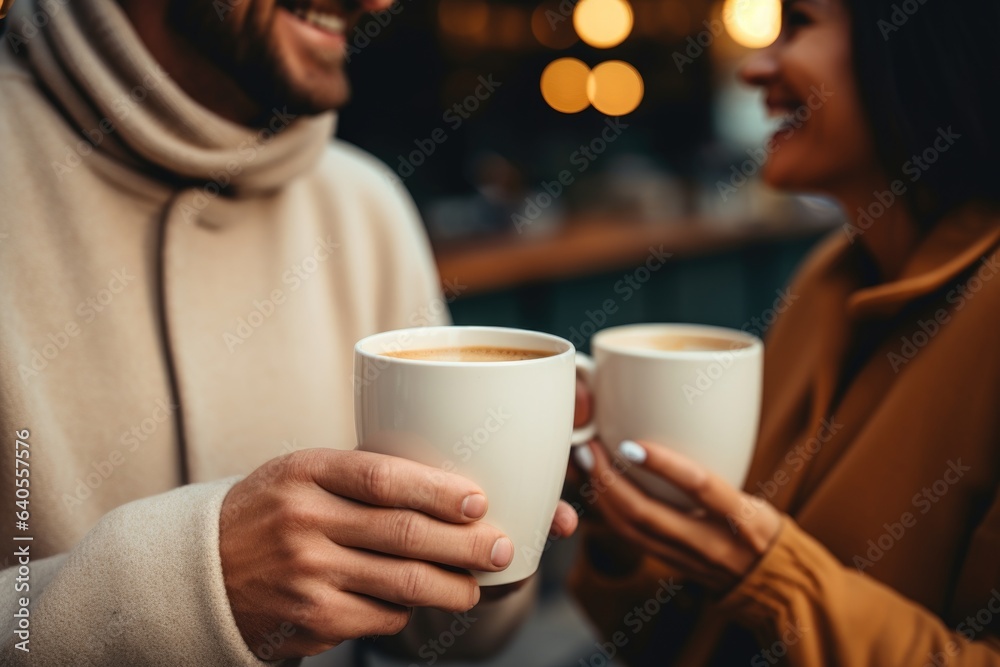 two hands holding glasses with iced coffee, street background. AI Generated two hands holding glasses with iced coffee, street background. AI Generated