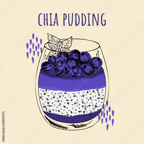 Chia seed pudding in glass with fresh blueberries jam layer. Healthy superfood breakfast, fruit parfait dessert vector illustration.