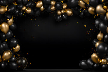 Golden frame with gold and black balloons with sparkles on black background