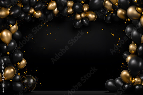 Golden frame with gold and black balloons with sparkles on black background