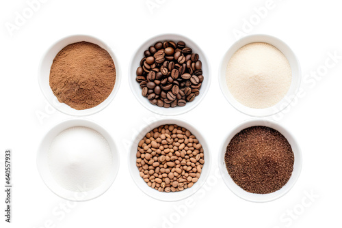 Top flat view of various type coffee grounds, grinder, and power in white bowl or pot isolated on white background, raw ingredients material of drinks