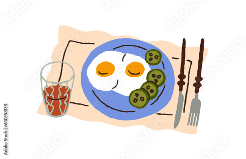 Breakfast dish. Served meal, fried eggs and cucumbers, vegetables. Traditiona...