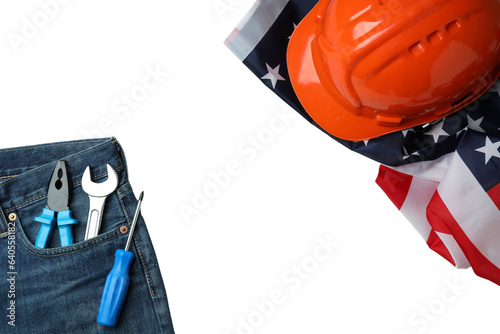 PNG, America flag, helmet and tools, isolated on white background