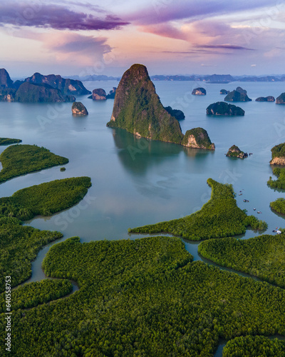 Wallpaper Mural Sametnangshe, view of mountains in Phangnga Bay with mangrove forest in the Andaman Sea with evening twilight sky, travel destination in Phangnga, Thailand Torontodigital.ca