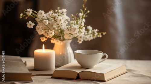 Romance - a book  a candle  flowers and a cup of coffee on the table