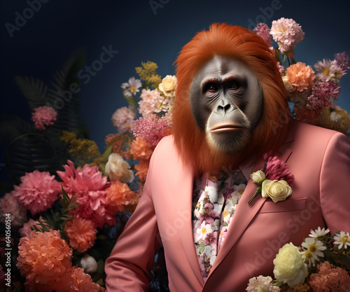 Creative animal concept. Orangutan in smart suit, surrounded in a surreal garden full of blossom flowers floral landscape. advertisement commercial editorial banner card photo