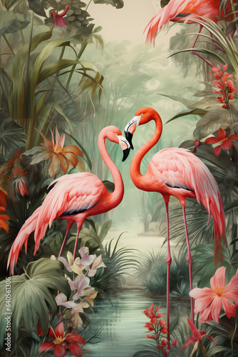 Two pink flamingos with rainforest background