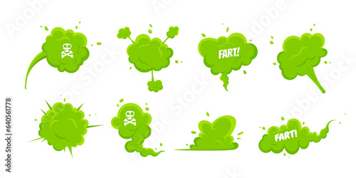 Smelling green cartoon smoke or fart clouds flat style design vector illustration set. Bad stink or toxic aroma cartoon smoke cloud isolated on white background.