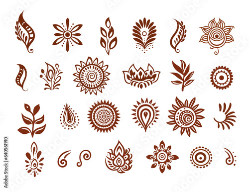 Henna tattoo ornament elements set isolated on white background. Vector design