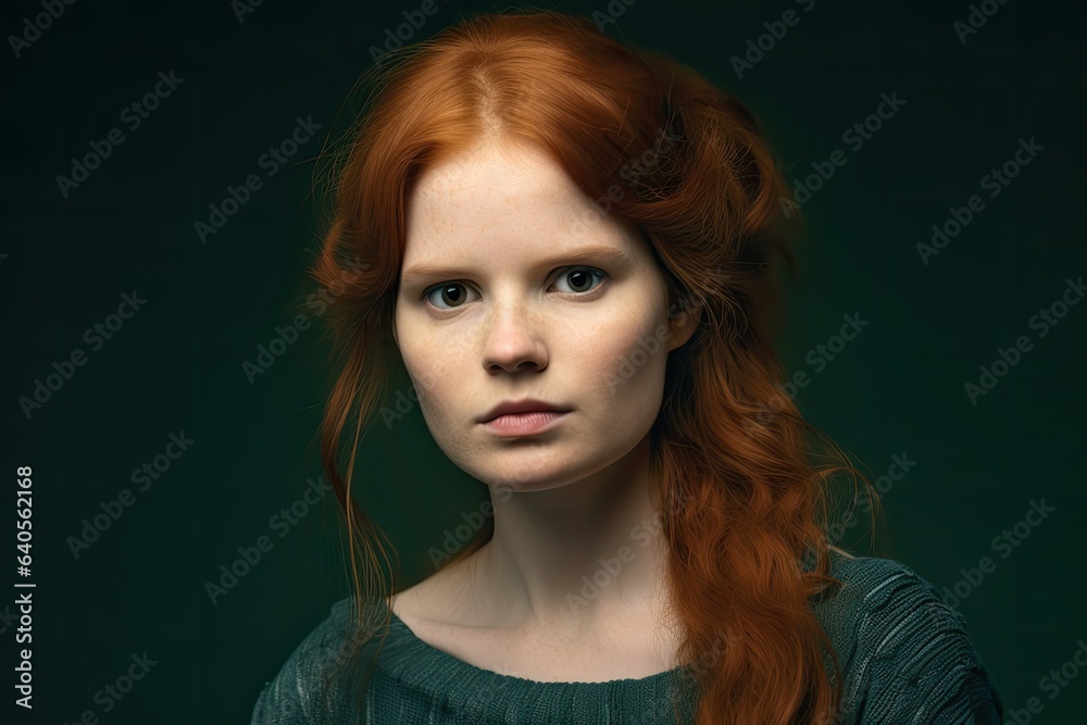 Serious woman with suspicious gaze on green background. Photo generative AI