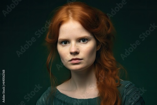 Serious woman with suspicious gaze on green background. Photo generative AI