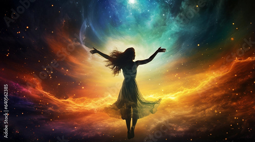 Artwork of a Woman Dancing Among the Cosmos