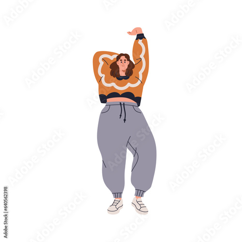 Fat plus-size woman standing, posing. Young chubby chunky girl smiling. Pretty confident body-positive female character with plump figure. Flat vector illustration isolated on white background