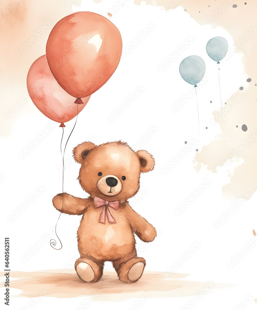 Teddy bear with balloons watercolor illustration isolated on white background Teddy bear with balloons watercolor illustration isolated on white background