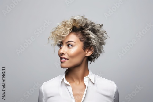 Curly-haired mid adult businesswoman glancing sideways against white background. Photo generative AI