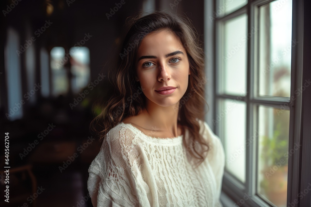 Beautiful woman gazes out window. Photo generative AI Beautiful woman gazes out window. Photo generative AI