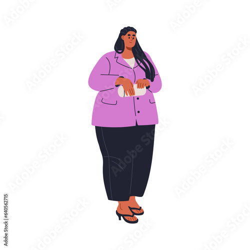 Modern businesswoman. Young pretty fat plus-size girl, business woman in stylish clothes, summer outfit. Chunky chubby person standing in blazer. Flat vector illustration isolated on white background