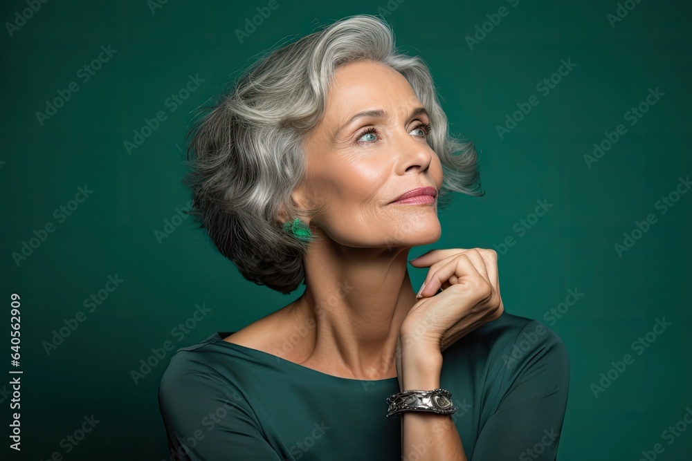 Mature woman with hand on chin, short gray hair, against green background. Photo generative AI Mature woman with hand on chin, short gray hair, against green background. Photo generative AI